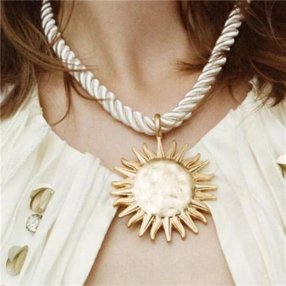 Sunburst Pendant Necklace | Twisted Rope Chain | Adjustable Statement Jewelry